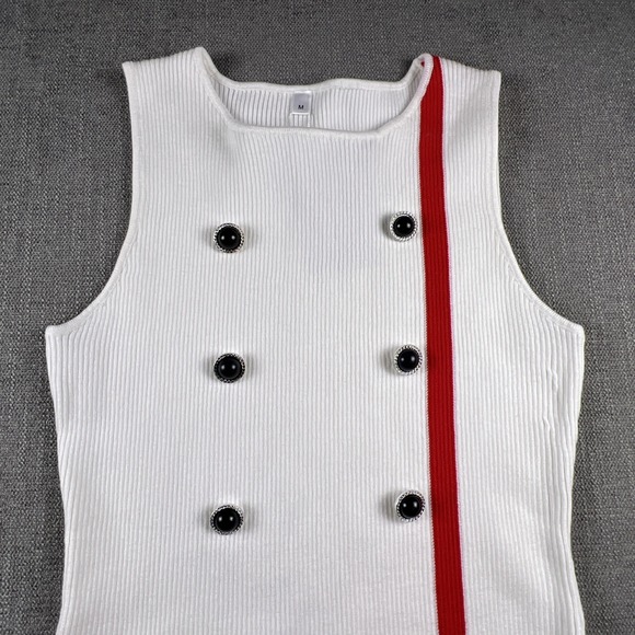 Oyrosy Sleeveless Ribbed Sweater Dress Womens SZ MED White Red W/Black Buttons - Picture 2 of 13